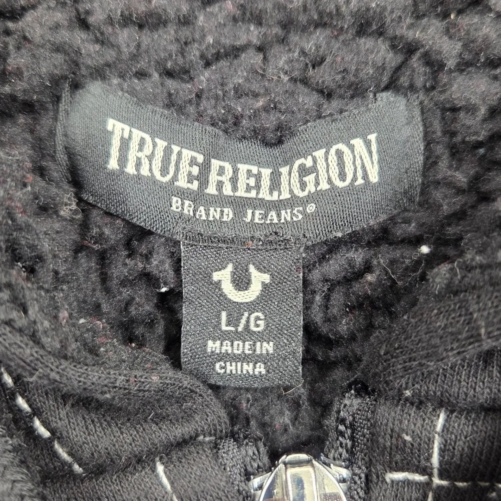 True‎ Religion Black Sherpa Lined Zip Hoodie Buddha Logo Size Mens Large